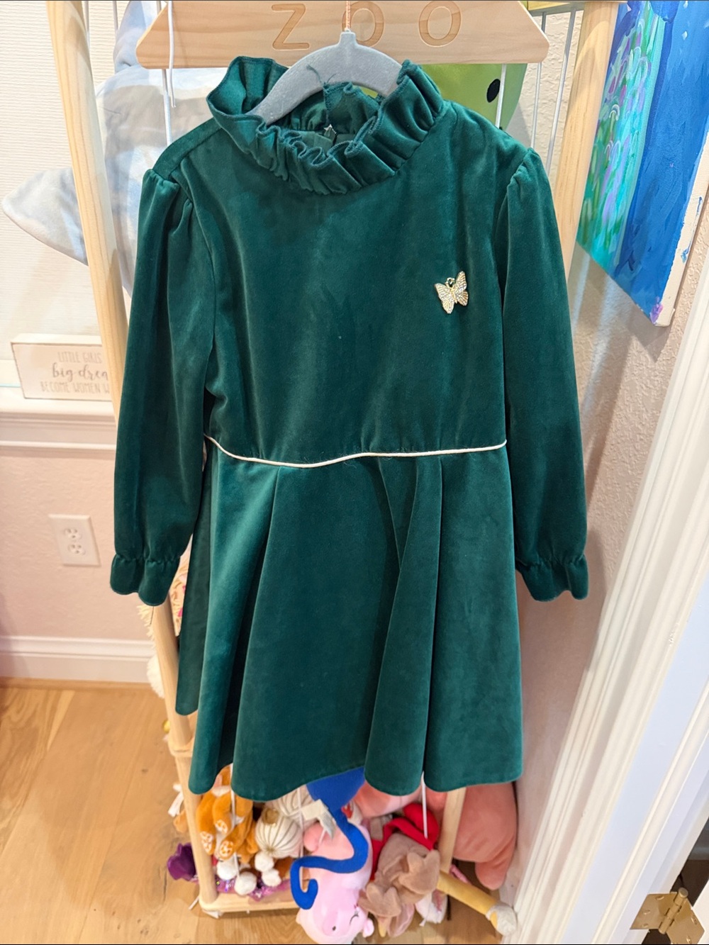 Emerald Green Velvet Dress with Butterfly Accent